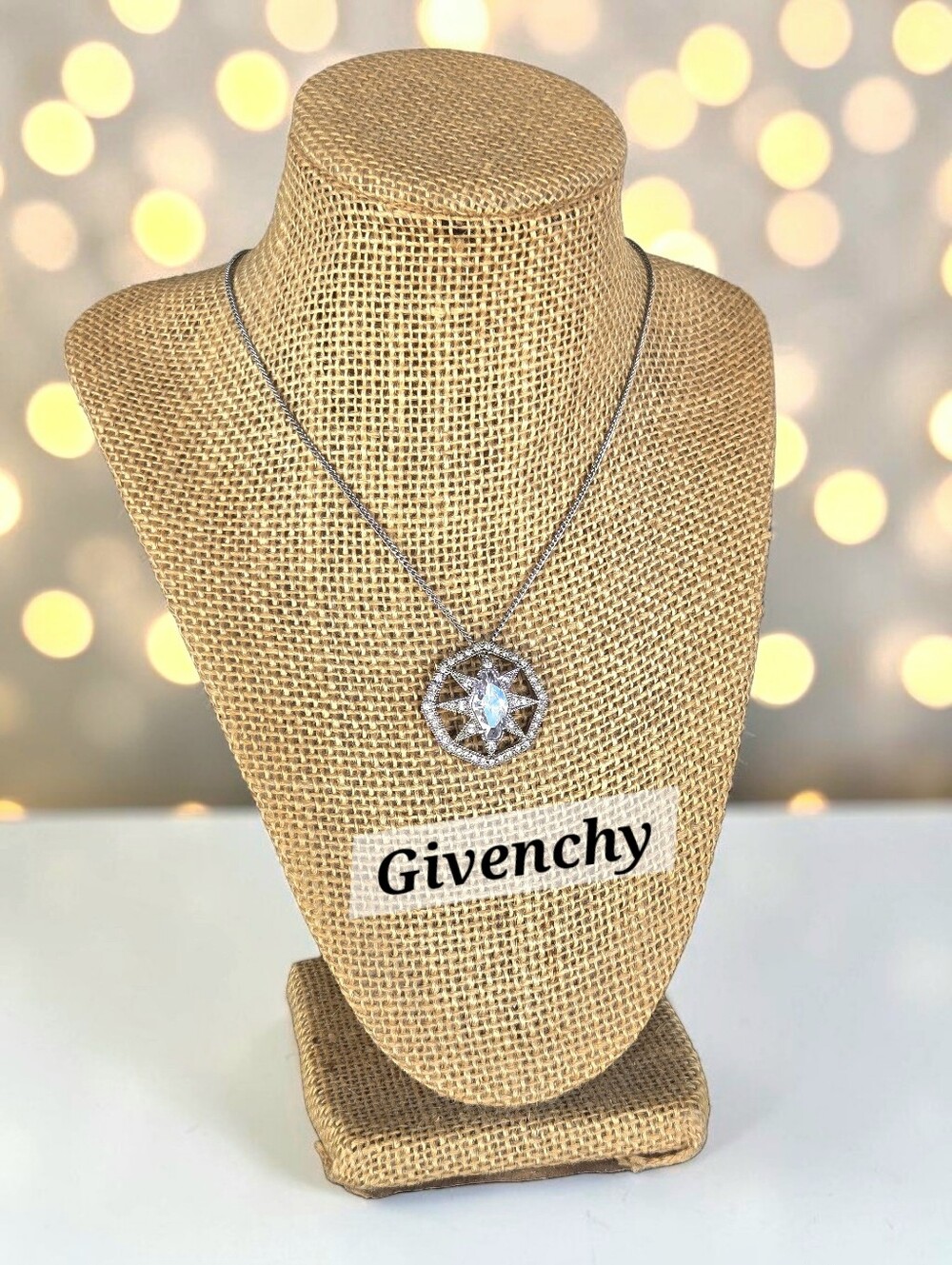 Givenchy Signed Rhinestone Starburst Geometric Pendant Necklace